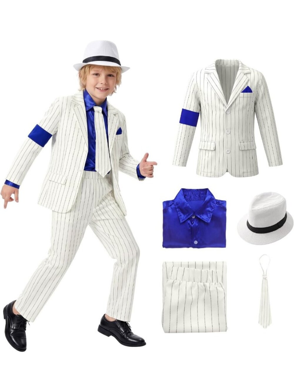 Stylish White Stripe Suit Costume with Hat, Tie & Blue Shirt for Halloween Fun